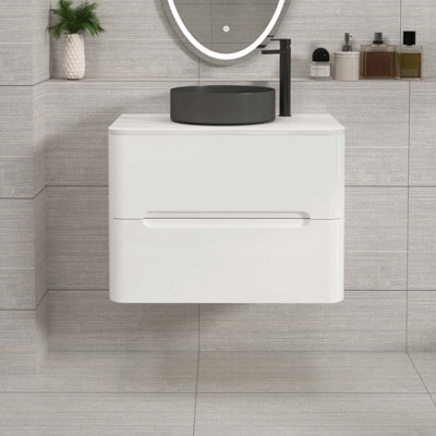 Royal Bathrooms Venice 700mm Gloss White Wall Mounted Bathroom Countertop Vanity Unit 2 Drawer With Art Round Basin - image 1