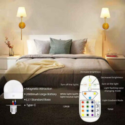 2-Pack Wireless Rechargeable Wall Lamps  Dimmable, Detachable Bulbs, 10 Colors, Gold - thumbnail 6