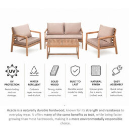 Impact Furniture Garden Sofa Set 4 Seater Lounge Sofa Chairs Table Acacia Wood Premium Outdoor Furniture With Beige Taupe Cushions - thumbnail 2