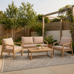 Impact Furniture Garden Sofa Set 4 Seater Lounge Sofa Chairs Table Acacia Wood Premium Outdoor Furniture With Beige Taupe Cushions - thumbnail 3