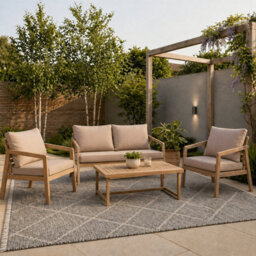 Impact Furniture Garden Sofa Set 4 Seater Lounge Sofa Chairs Table Acacia Wood Premium Outdoor Furniture With Beige Taupe Cushions