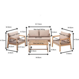 Impact Furniture Garden Sofa Set 4 Seater Lounge Sofa Chairs Table Acacia Wood Premium Outdoor Furniture With Beige Taupe Cushions - thumbnail 5