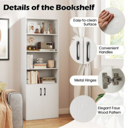 Costway 178 Cm Bookcase W/ 2-Door Cabinet 6-Tier Modern Storage Cabinet-White - thumbnail 8