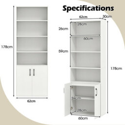 Costway 178 Cm Bookcase W/ 2-Door Cabinet 6-Tier Modern Storage Cabinet-White - thumbnail 2
