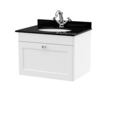 Balterley Swynnerton Traditional 1 Drawer Wall Hung Vanity Unit With Marble Basin, Satin White, 600mm - thumbnail 1
