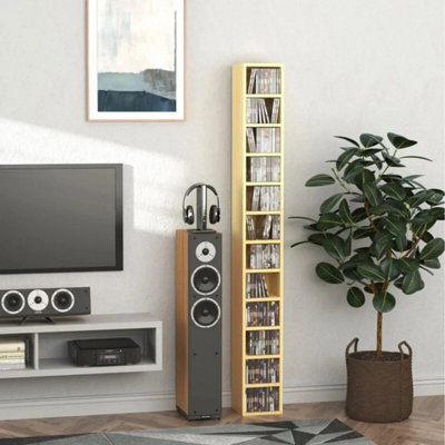 12-Tier Media Storage Cabinet 204 Cds Shelf Tower Rack Stand Pine Wood Colour - image 1