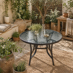 Wyld Haus Momi 106.5Cm Round Steel And Tempered Glass Garden Dining Table With 40mm Parasol Hole - thumbnail 1