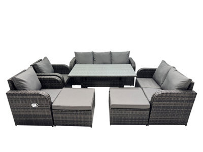 Fimous 9 Seat Outdoor Wicker Pe Rattan Garden Furniture Set Dining Table Sofa Set With 2 Big Stools Dark Grey Mixed - image 1
