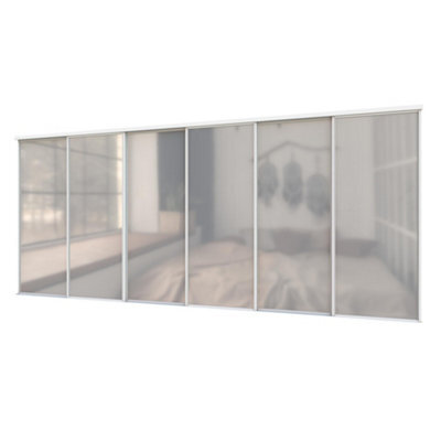 A-Class Sliding Doors Set Of 6 Full Length Mirror Sliding Wardrobe Door Kit In White Frame & Tracks, Opening Height (H) 225-226Cm & Width (W) 444-445Cm - image 1