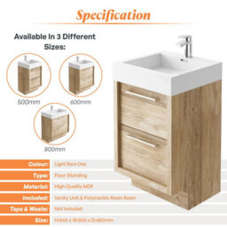 Plum&clay Walter Light Bare Wood Floor Standing Bathroom Vanity Unit With Polymarble Resin Basin (W)500mm - thumbnail 5