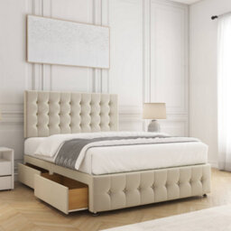 Bsspoke Eva Divan Bed Set Cream Velvet 24Inch Chesterfield Headboard & Footboard & 2 Drawers Same Side & Mattress In All Sizes - thumbnail 1