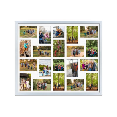 AK Frames 80X70Cm Silver Sleek Multi Photo Frame With White Mount - Holds 20 Apertures (18X) 6X4, (2X) 4X4 Photos - image 1