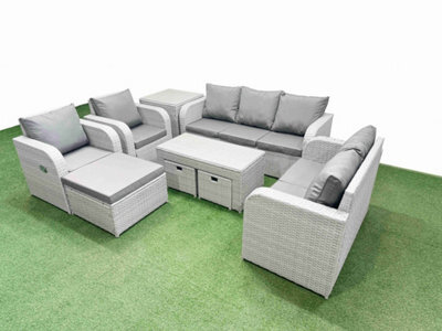 Fimous Pe Rattan Garden Furniture Set Adjustable Chair Double Love Seat 2 Seater Sofa Lounge Set 3 Stools Side Table Light Grey - image 1