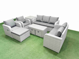 Fimous Pe Rattan Garden Furniture Set Adjustable Chair Double Love Seat 2 Seater Sofa Lounge Set 3 Stools Side Table Light Grey - thumbnail 2
