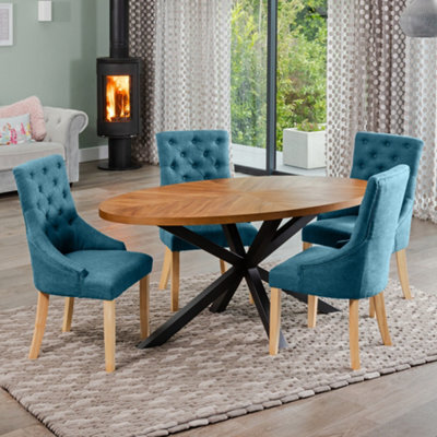 Dosenna Oval Dining Table Set With 4 Ravenna Fabric Chairs - Teal - image 1