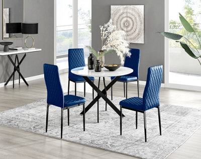 Furniturebox Uk Novara White Gloss Black Leg Round Dining Table & 4 Navy Velvet Milan Black Leg Chairs - image 1