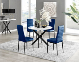 Furniturebox Uk Novara White Gloss Black Leg Round Dining Table & 4 Navy Velvet Milan Black Leg Chairs