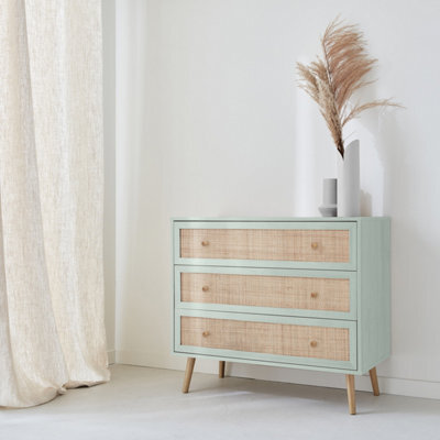 Sweeek - 3-Drawer Chest With Wood And Cane Effect Celadon Green 90X39X79 Cm - Boheme - image 1