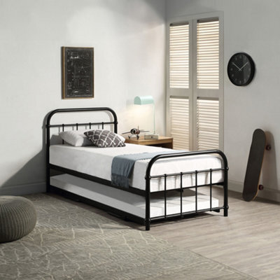 SlumberWorx Tewin Vintage Hospital Style Black Single Metal Bed Frame With Guest Trundle Bed - image 1