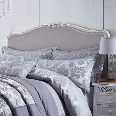 Catherine Lansfield Pillowcases Damask Jacquard Quilted 50X75Cm + Border Pack Of 2 Pillow Cases With Envelope Closure Silver Grey - image 1
