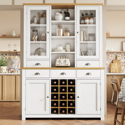 Btm 185Cm Kitchen Pantry Cabinet, Glass Doors, 5 Drawers, Wine Rack, White - image 1