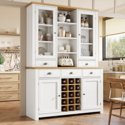 Btm 185Cm Kitchen Pantry Cabinet, Glass Doors, 5 Drawers, Wine Rack, White - thumbnail 2