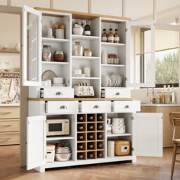 Btm 185Cm Kitchen Pantry Cabinet, Glass Doors, 5 Drawers, Wine Rack, White - thumbnail 3