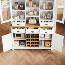 Btm 185Cm Kitchen Pantry Cabinet, Glass Doors, 5 Drawers, Wine Rack, White - thumbnail 4