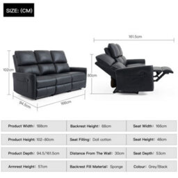 More4Homes Madrid 3 Seater Manual Recliner Air Leather Sofa (Black) - thumbnail 9