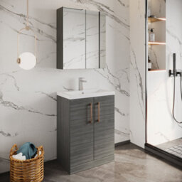 Balterley Bramshall Compact Bathroom Cloakroom Vanity Basin Unit With Polymarble Basin, Copper Handles, 600mm, Woodgrain Grey - thumbnail 3