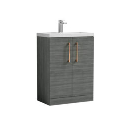 Balterley Bramshall Compact Bathroom Cloakroom Vanity Basin Unit With Polymarble Basin, Copper Handles, 600mm, Woodgrain Grey - thumbnail 1