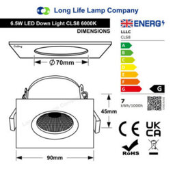 Long Life Lamps Company 6.5W Adjustable Square Led Recessed Ceiling Downlight 6000K Cls8 - thumbnail 2