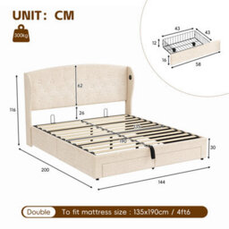 Btm Double Bed With Hydraulic And Drawer Storage, Wingback Tufted Headboard, Usbc Charging, Linen Beige - thumbnail 9