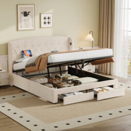 Btm Double Bed With Hydraulic And Drawer Storage, Wingback Tufted Headboard, Usbc Charging, Linen Beige - thumbnail 5