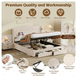Btm Double Bed With Hydraulic And Drawer Storage, Wingback Tufted Headboard, Usbc Charging, Linen Beige - thumbnail 8