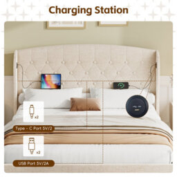 Btm Double Bed With Hydraulic And Drawer Storage, Wingback Tufted Headboard, Usbc Charging, Linen Beige - thumbnail 7