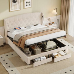Btm Double Bed With Hydraulic And Drawer Storage, Wingback Tufted Headboard, Usbc Charging, Linen Beige - thumbnail 2