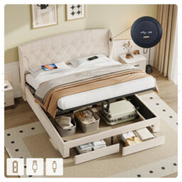 Btm Double Bed With Hydraulic And Drawer Storage, Wingback Tufted Headboard, Usbc Charging, Linen Beige - thumbnail 1