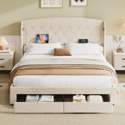 Btm Double Bed With Hydraulic And Drawer Storage, Wingback Tufted Headboard, Usbc Charging, Linen Beige - thumbnail 4
