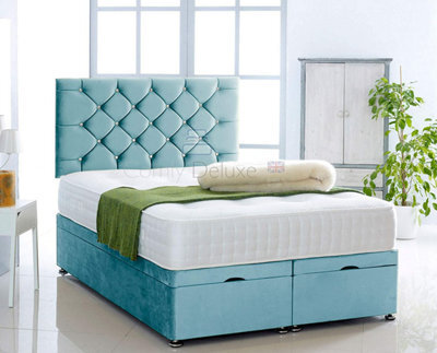 Comfy Deluxe Ice Blue Plush Foot Lift Ottoman Bed With Memory Spring Mattress And  Studded Headboard 2Ft6 Small Single - image 1