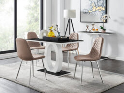 Furniturebox Giovani Rectangular 4 Seat White High Gloss Unique Halo Dining Table Black Glass Top 4 Beige Faux Leather Silver Leg Corona Chairs