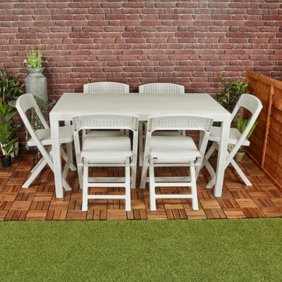 Urbn-Garden White Plastic Rattan Patio Dining Table & 6 Folding Chairs Outdoor Garden Furniture Sets - image 1
