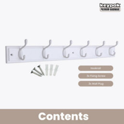 Keypak 6-Hook Wall-Mounted Coat Rack, 68Cm - White Wooden Board, White Coat Hooks - Fixings Included - thumbnail 4