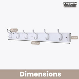 Keypak 6-Hook Wall-Mounted Coat Rack, 68Cm - White Wooden Board, White Coat Hooks - Fixings Included - thumbnail 3