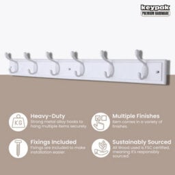 Keypak 6-Hook Wall-Mounted Coat Rack, 68Cm - White Wooden Board, White Coat Hooks - Fixings Included - thumbnail 2