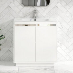 Royal Bathrooms Orion 800mm Matt White 2 Door Floor Standing Bathroom Vanity Unit With Carrara White Basin & Chrome Accent Trim - thumbnail 1