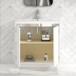 Royal Bathrooms Orion 800mm Matt White 2 Door Floor Standing Bathroom Vanity Unit With Carrara White Basin & Chrome Accent Trim - thumbnail 4