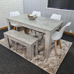 Kosy Koala Stone Grey Effect Wood Dining Table Set With Bench And 4 White Plastic Chairs Modern Dining Room Furniture