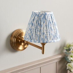 Luminosa Lighting Luminosa Step Fold Brushed Aged Brass Plate Wall Light With Shell Bay Blue Fabric Leaf Shade 16Cm B22 - thumbnail 3
