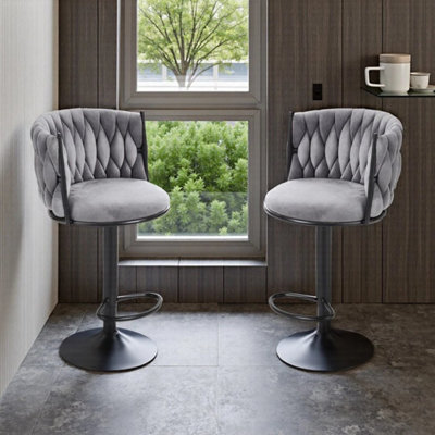 Grey Modern Swivel Bar Stools Set Of 2 Adjustable Velvet Bar Chairs With Braided Back - image 1